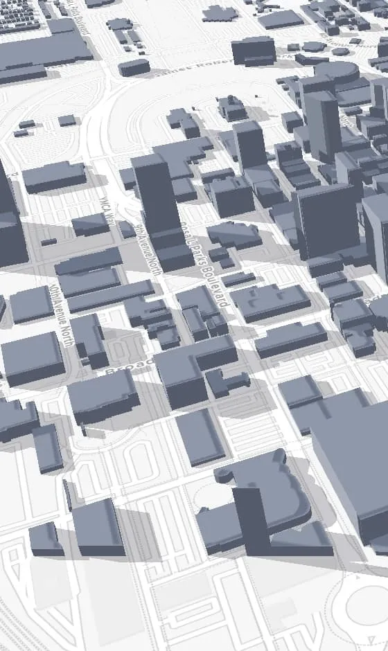 A 3D shadow map of a city block, showing which streets and buildings are in sun.