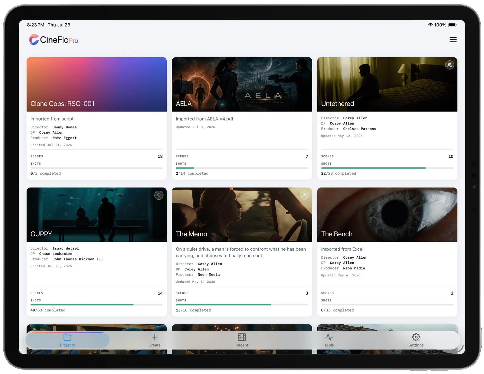 A CineFlo production overview on an iPad Pro, with scenes, shots and schedule.