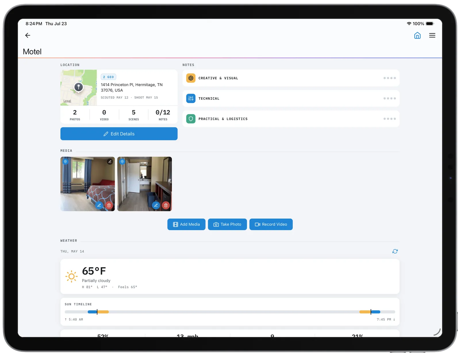 CineFlo location scouts on an iPad Pro, with photos and site notes.