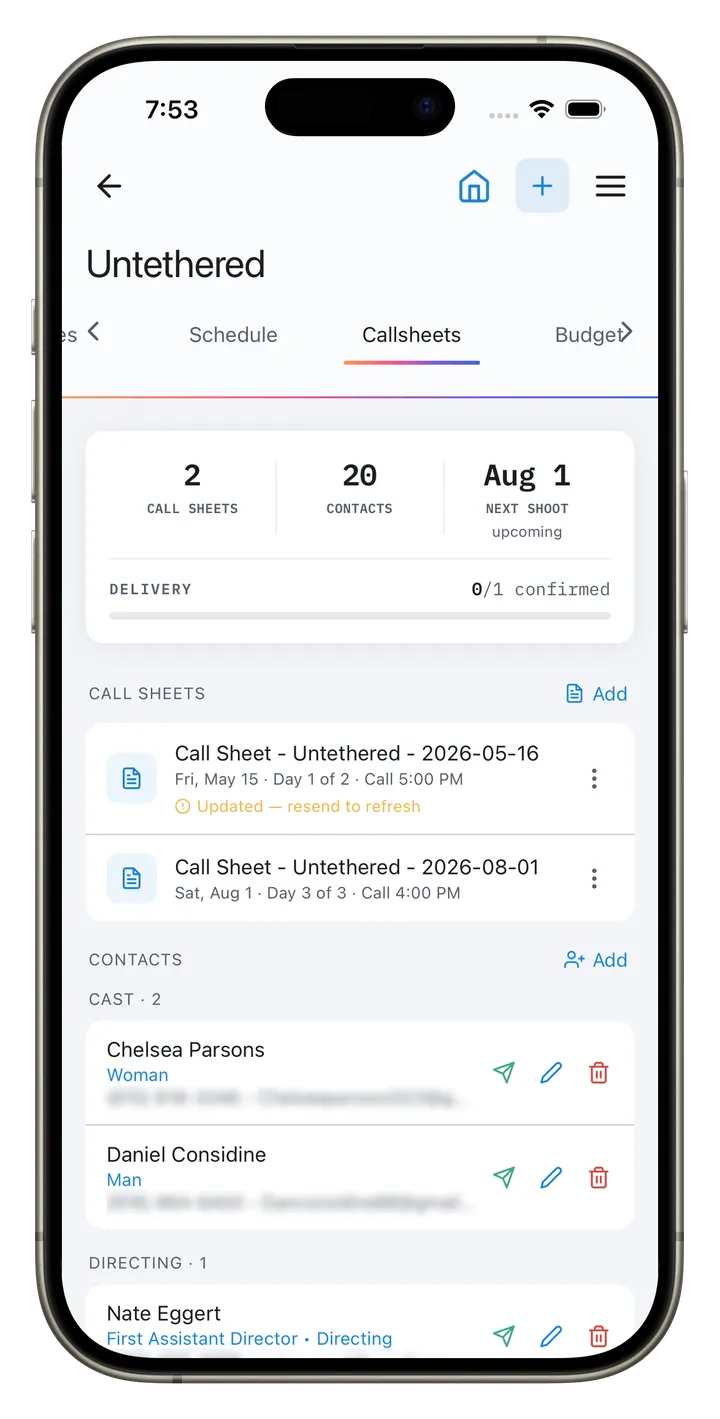 CineFlo call sheets on iPhone, with delivery and confirmation status.