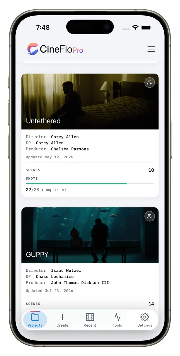 CineFlo projects dashboard on iPhone.