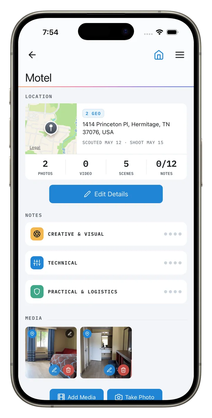 CineFlo location scouts on iPhone, with photos and scout dates.